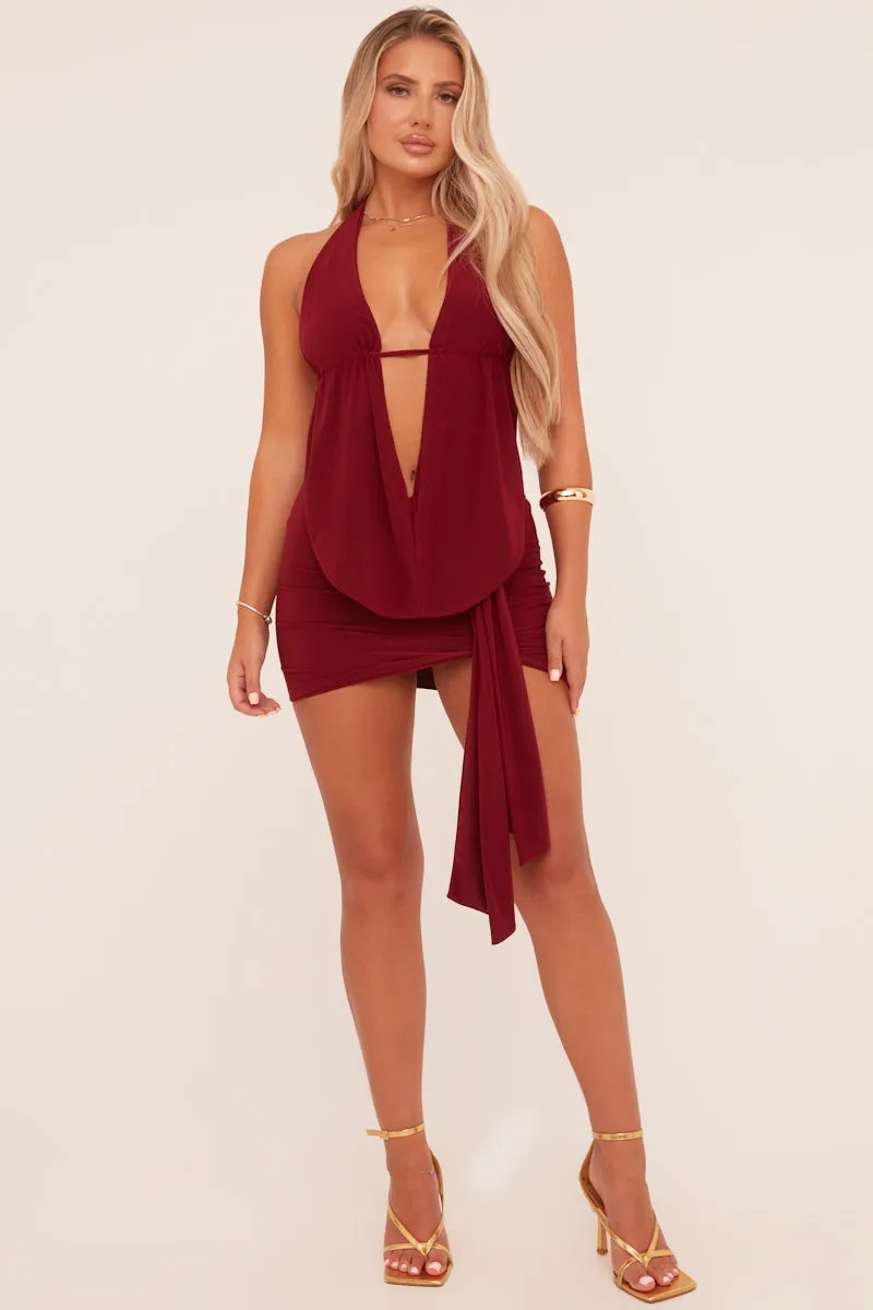 Burgundy Plunge Neck Cowl Detail Top & Mini Skirt Co-ord Set - Lama