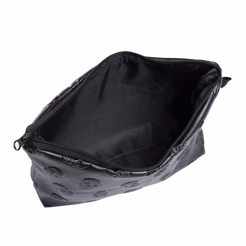 'Catacomb' Black Embossed Goth Skull Faux Leather Make Up Bag