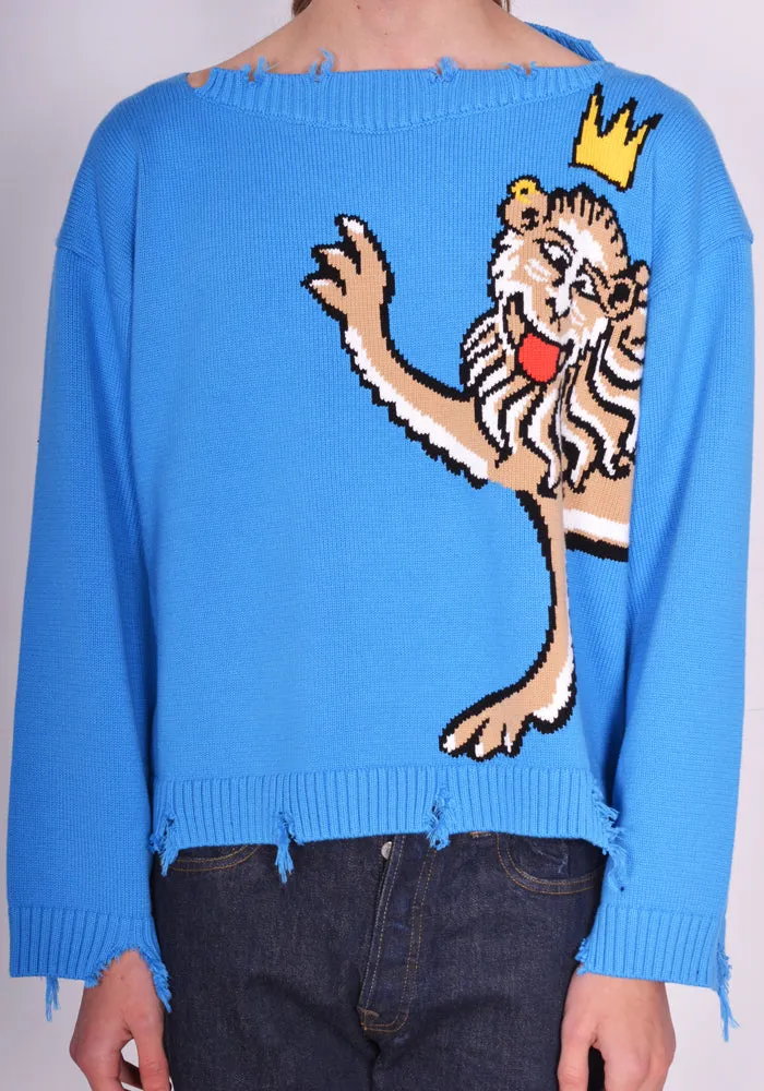 CHARLES JEFFREY LOVERBOY 43090201 UNISEX SLASH KNITTED SWEATER BLUE SILLY LION