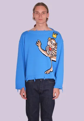 CHARLES JEFFREY LOVERBOY 43090201 UNISEX SLASH KNITTED SWEATER BLUE SILLY LION