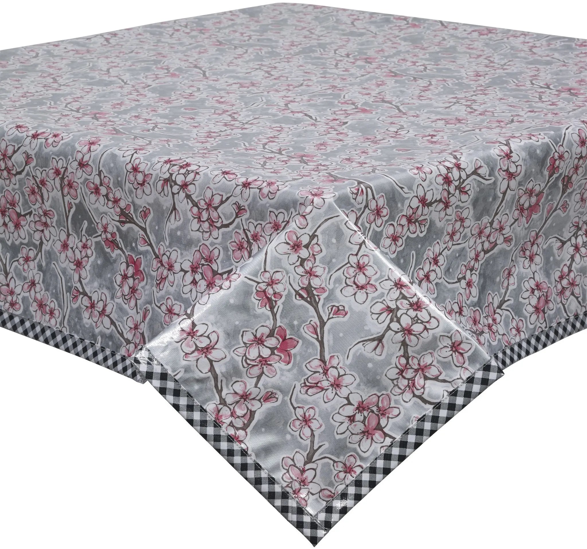 Cherry Blossom Silver Oilcloth Tablecloths with Black Gingham Trim