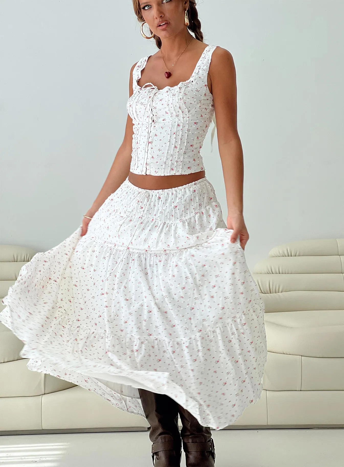 Cherry On Top Maxi Skirt White Floral