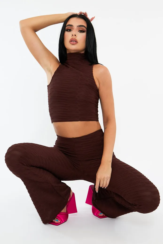 Chocolate High Neck Crop Top & Flare Pants Set - Dailyn