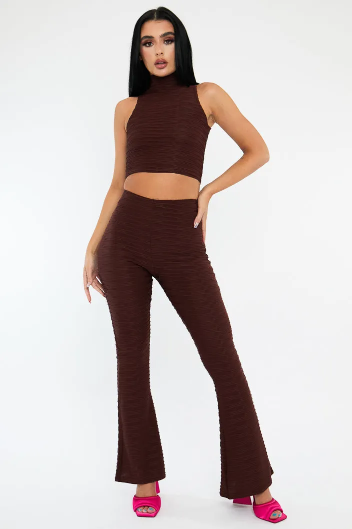 Chocolate High Neck Crop Top & Flare Pants Set - Dailyn