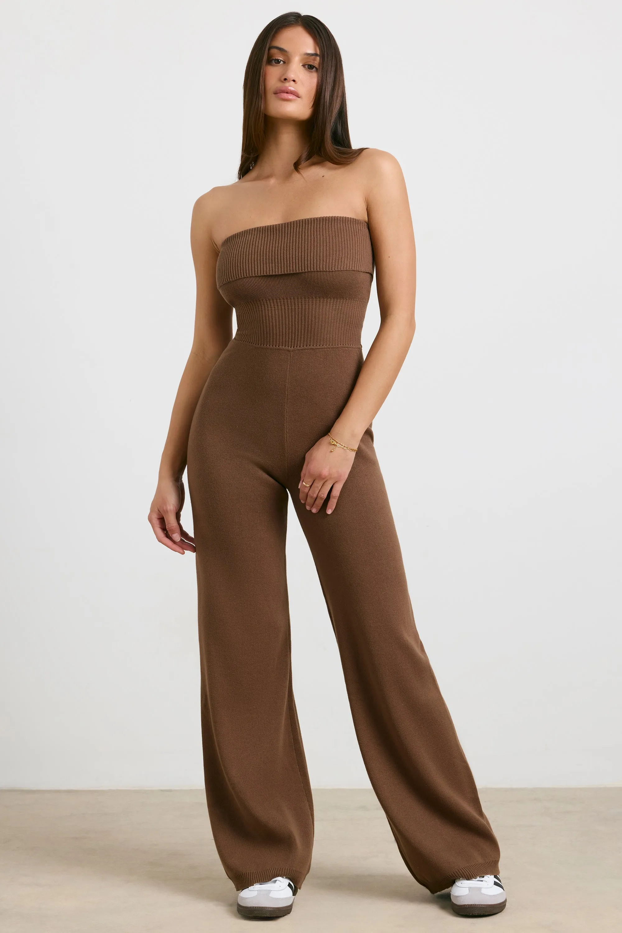 Chunky Knit Kick Flare Unitard in Espresso