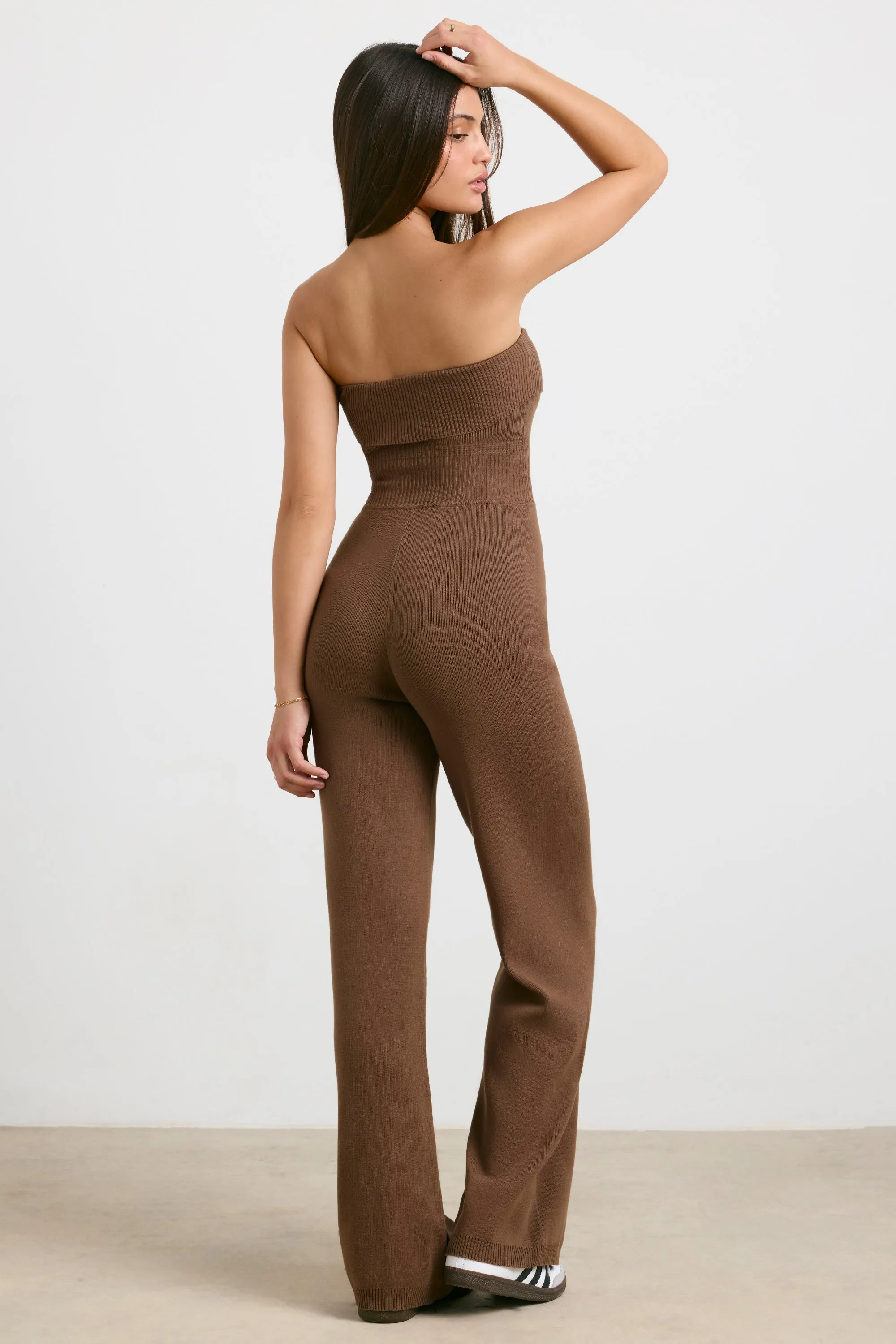 Chunky Knit Kick Flare Unitard in Espresso