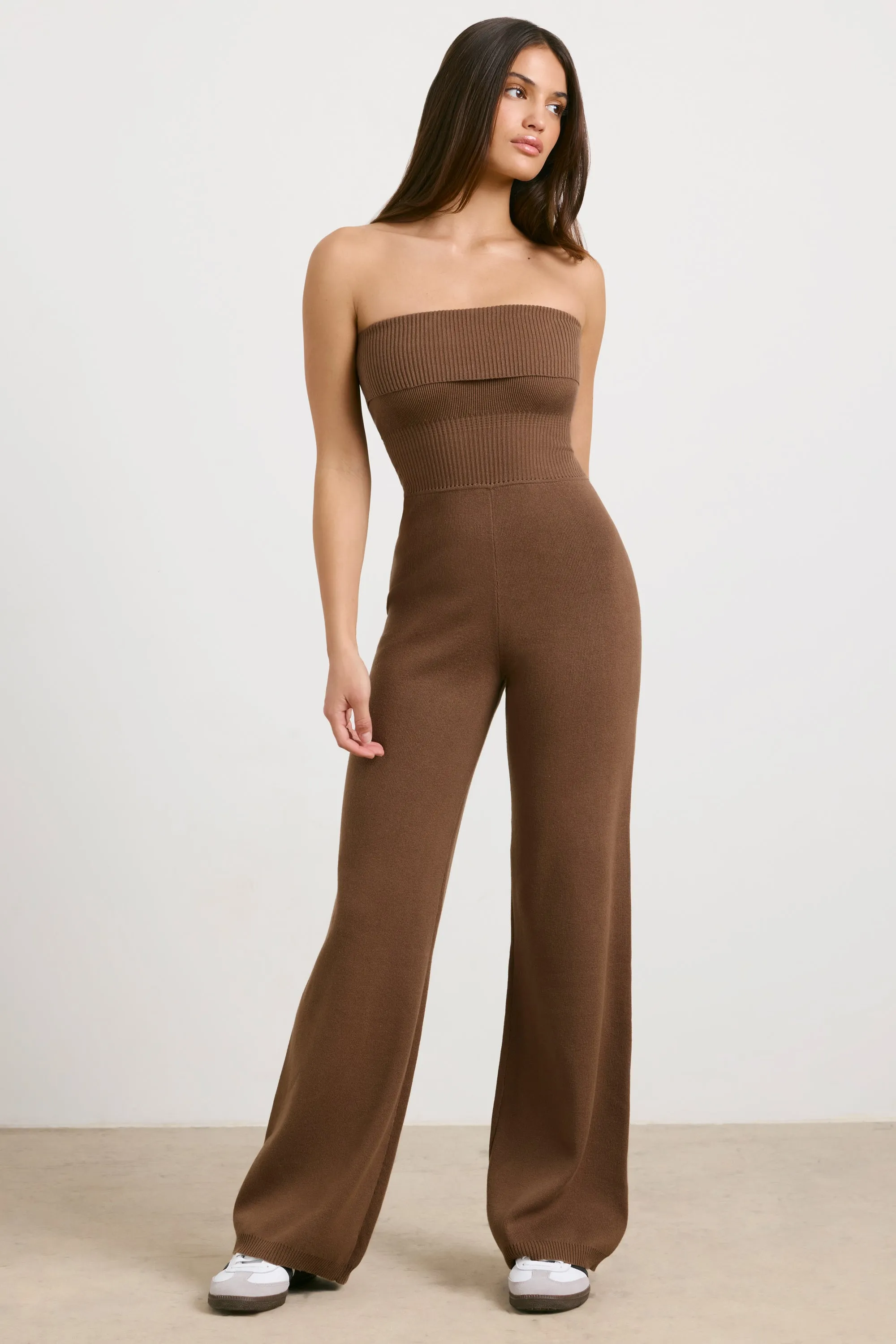 Chunky Knit Kick Flare Unitard in Espresso