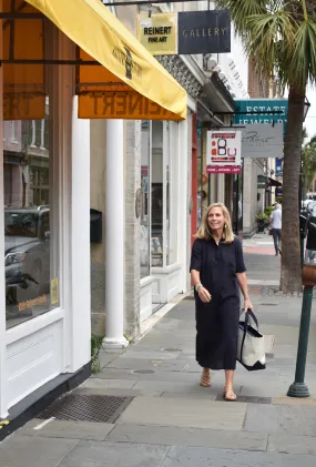 Darren Midi Dress Short Sleeve Navy Linen