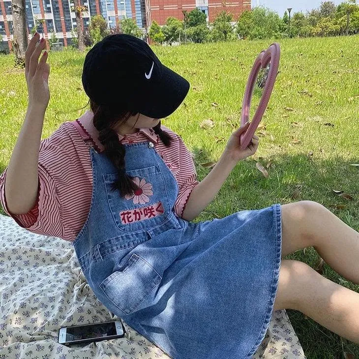 Denim Dungaree Dress With Flower Embroidery And Japanese Lettering