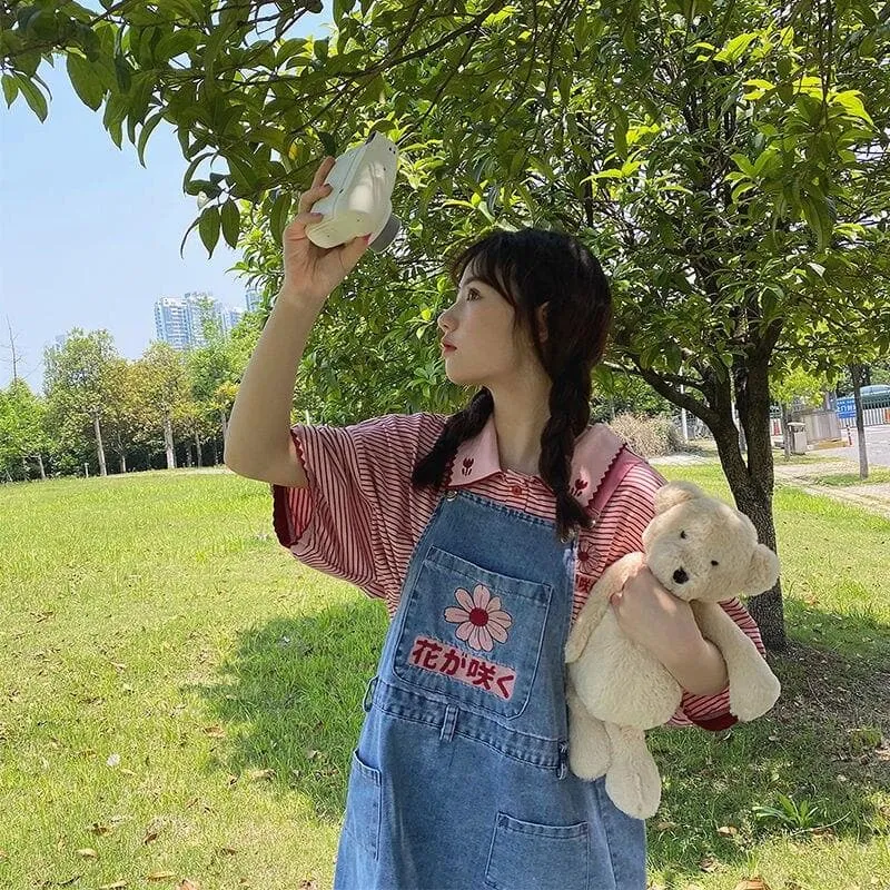 Denim Dungaree Dress With Flower Embroidery And Japanese Lettering