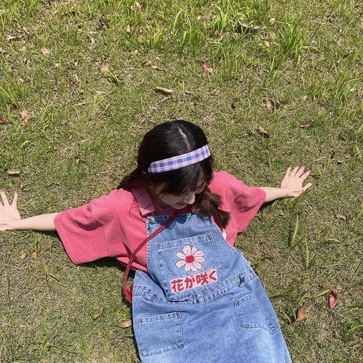 Denim Dungaree Dress With Flower Embroidery And Japanese Lettering