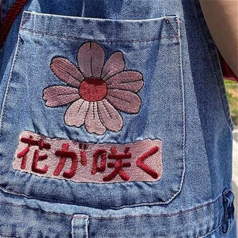 Denim Dungaree Dress With Flower Embroidery And Japanese Lettering