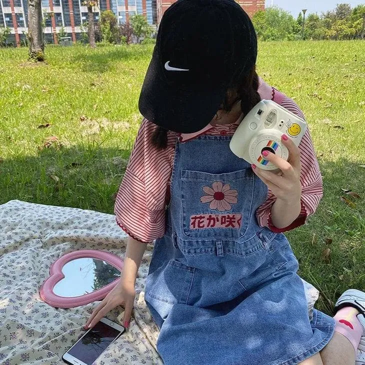 Denim Dungaree Dress With Flower Embroidery And Japanese Lettering