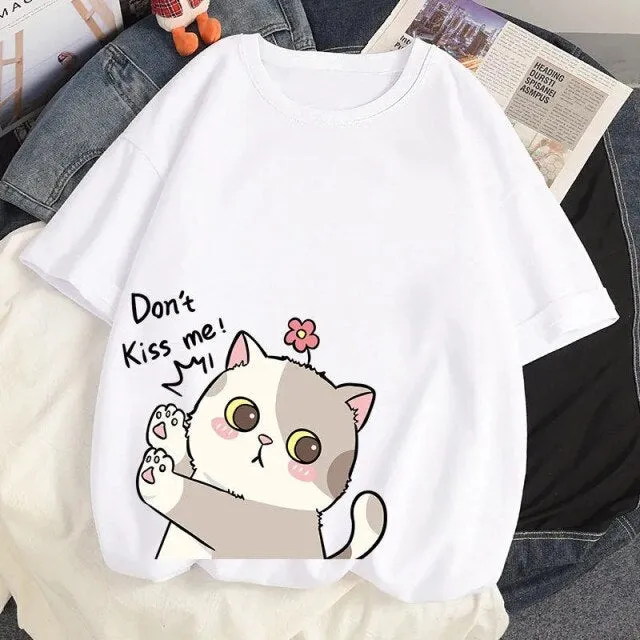 Don't Kiss Me! Tee With Cat Print