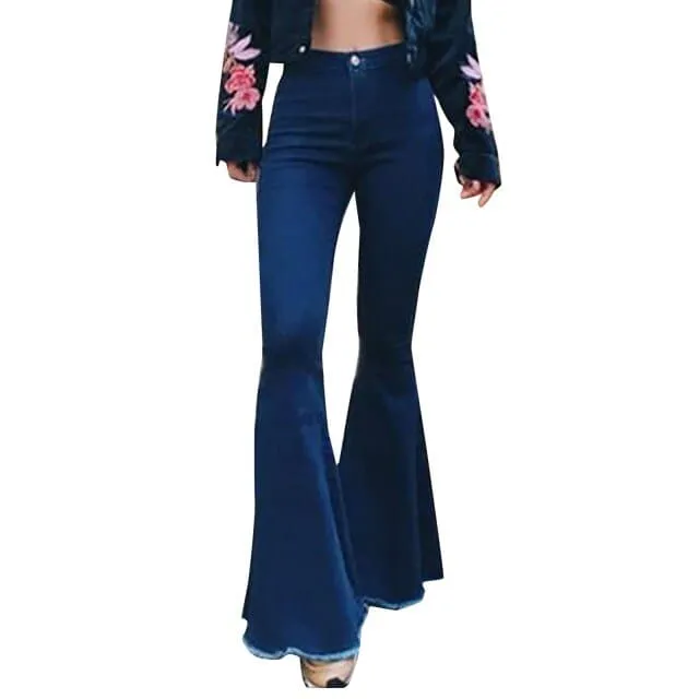 DressBetty - Women Casual Fashion High Waist Slim And Skinny Big Flare Denim Pants Fashion Street Women Solid Color Denim Trousers