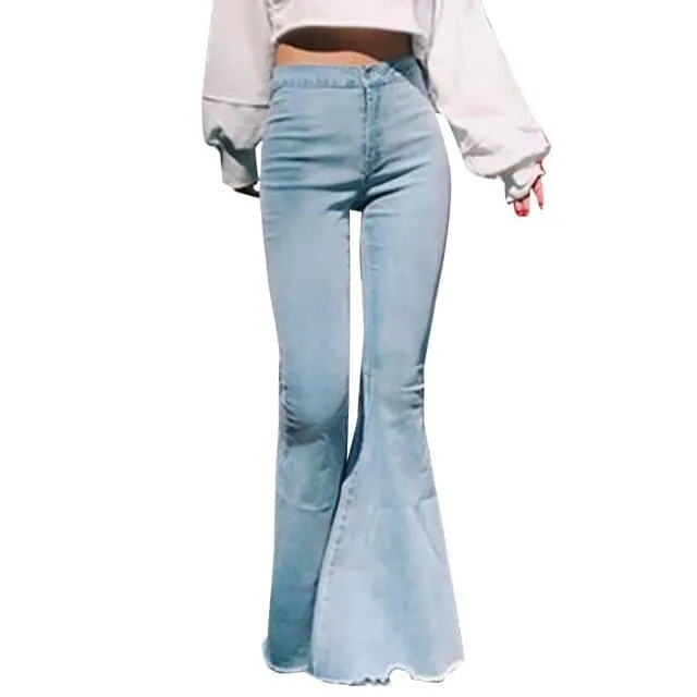 DressBetty - Women Casual Fashion High Waist Slim And Skinny Big Flare Denim Pants Fashion Street Women Solid Color Denim Trousers