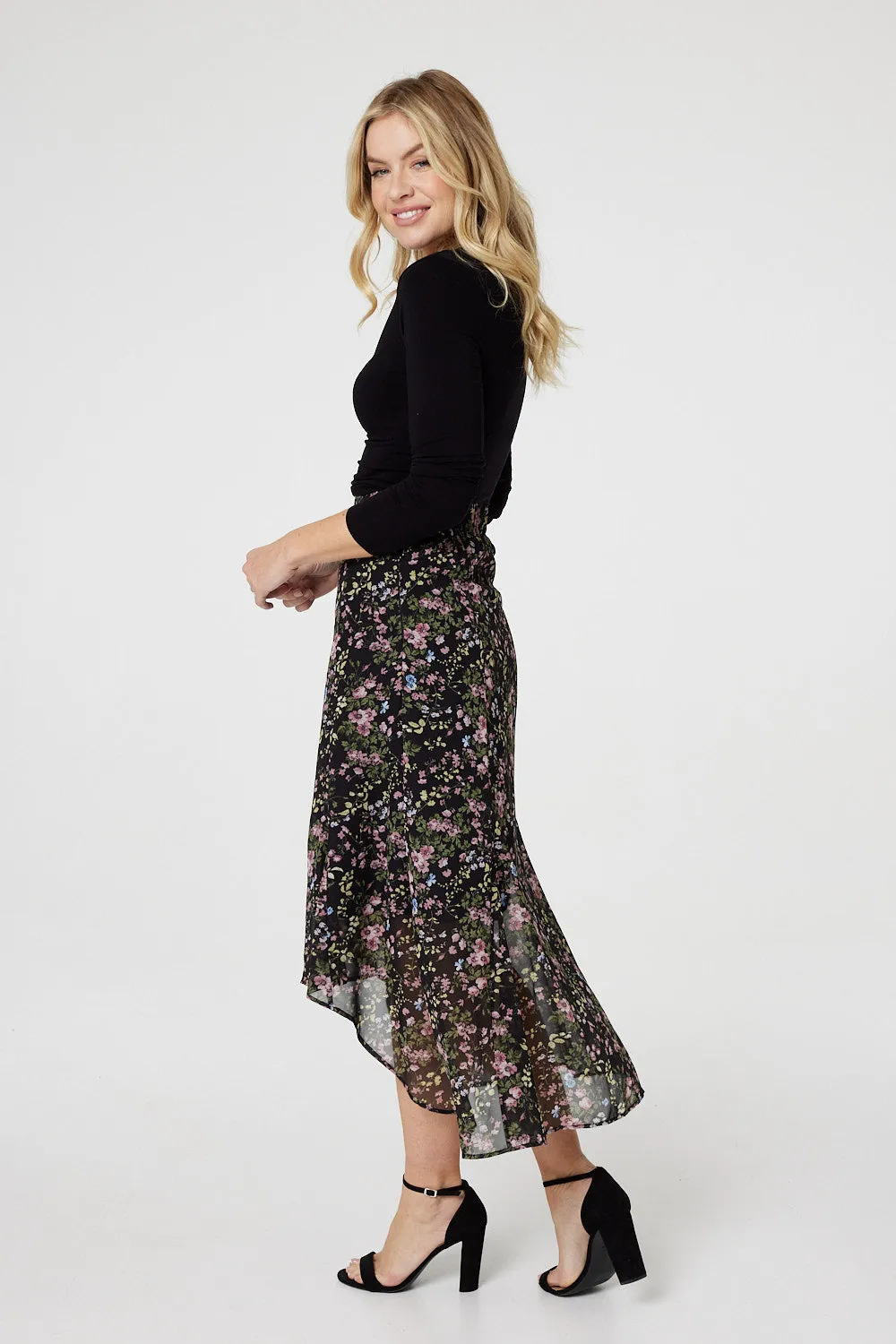 Floral Semi Sheer High Low Skirt