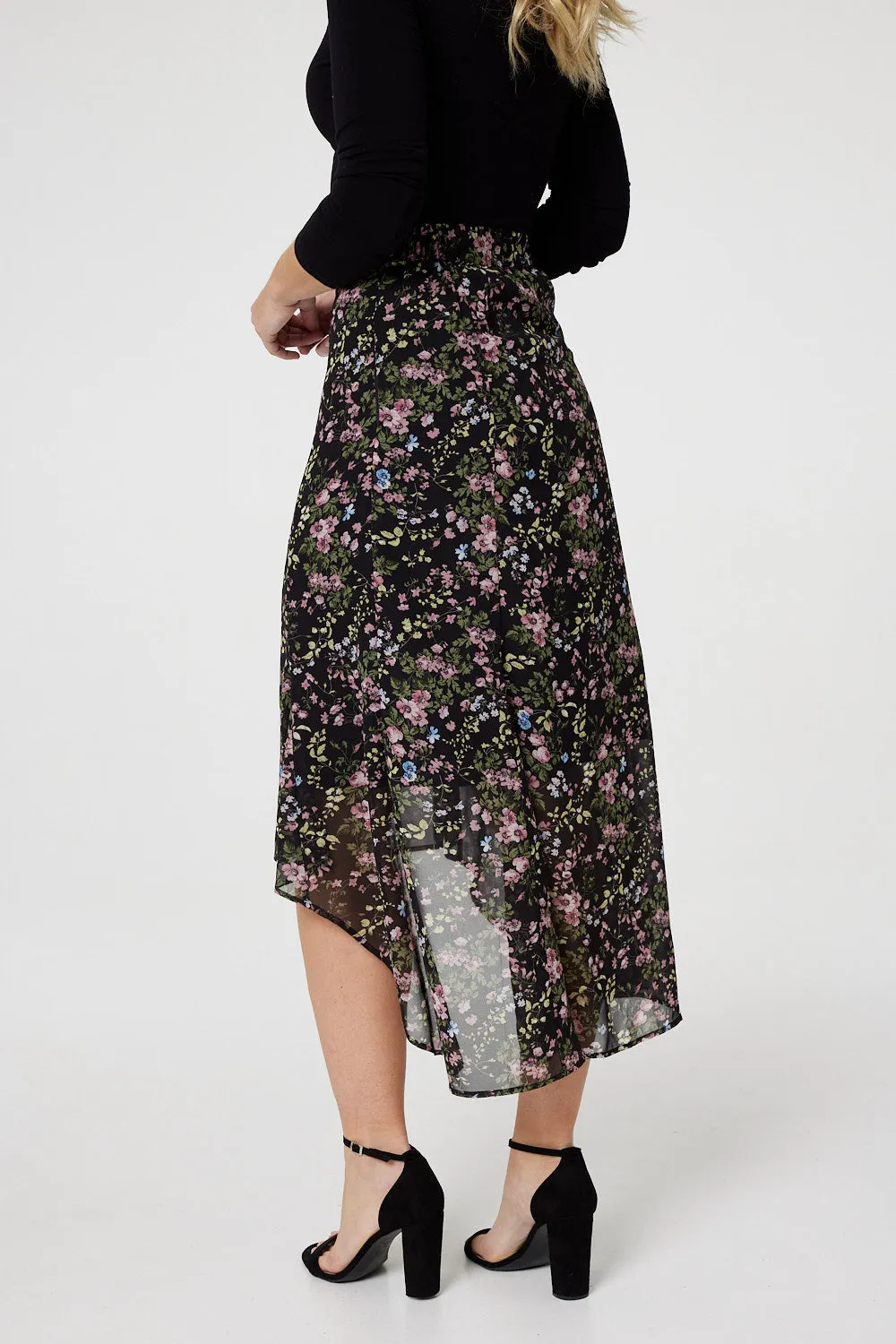 Floral Semi Sheer High Low Skirt