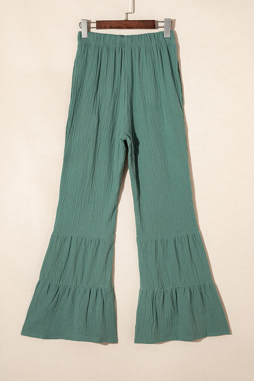 Green Textured High Waist Ruffled Bell Bottom Pants