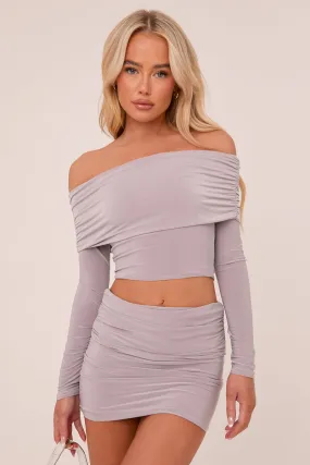 Grey Bardot Cropped Top & Mini Skirt Co-ord Set - Ariel