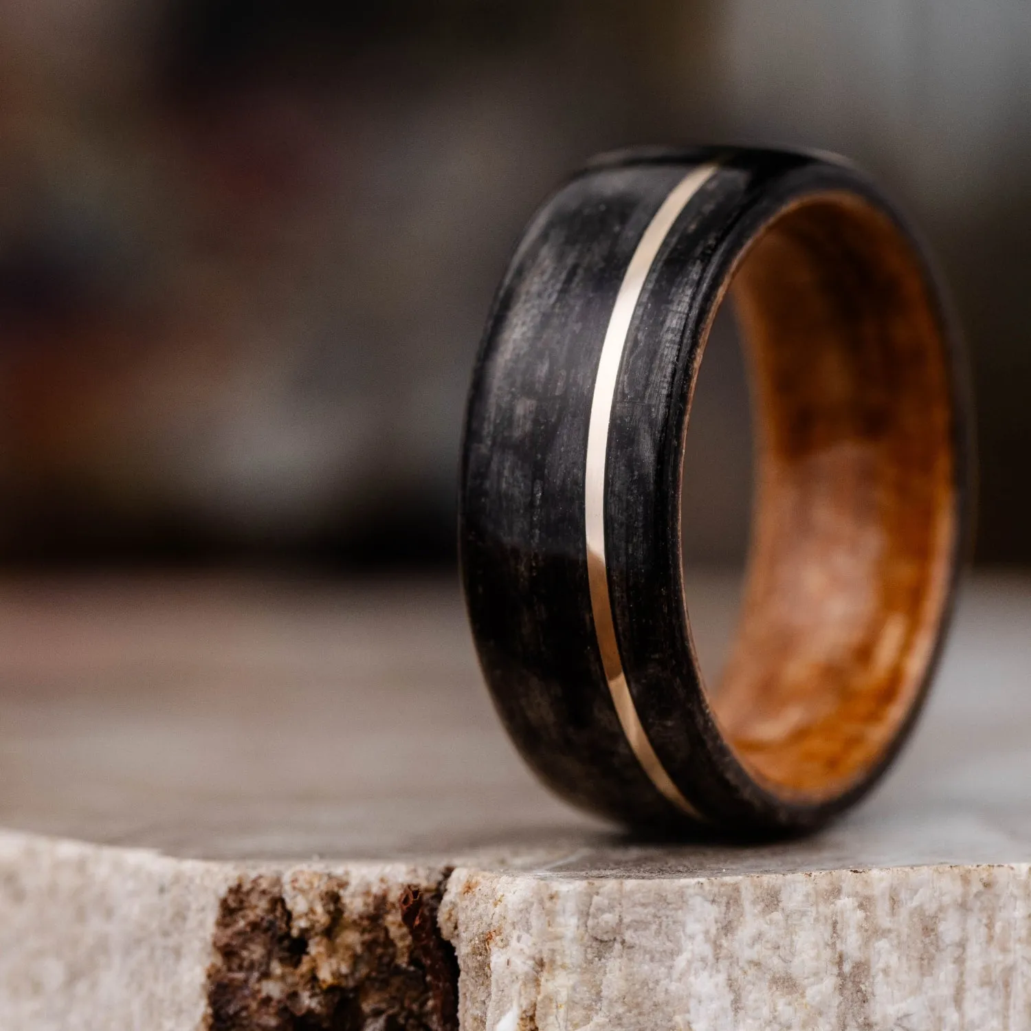 (In-Stock) The Old Fashioned - Men's Weathered Whiskey Barrel Wood Wedding Band with Natural Black Cherry Liner, & Offset White Gold Inlay - Size 7.75| 8mm Wide