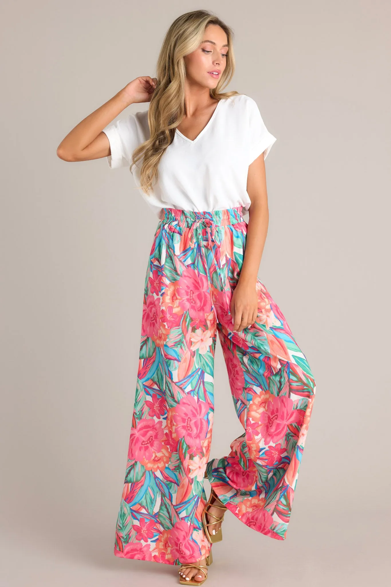 Island Breeze Hot Pink Multi Floral Wide Leg Pants