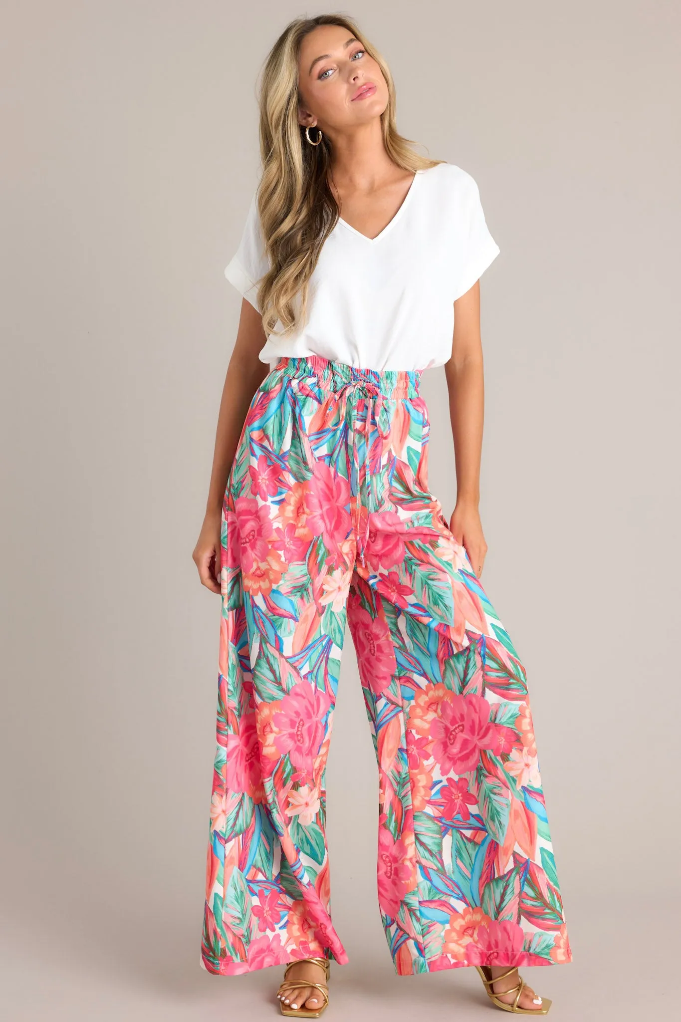 Island Breeze Hot Pink Multi Floral Wide Leg Pants