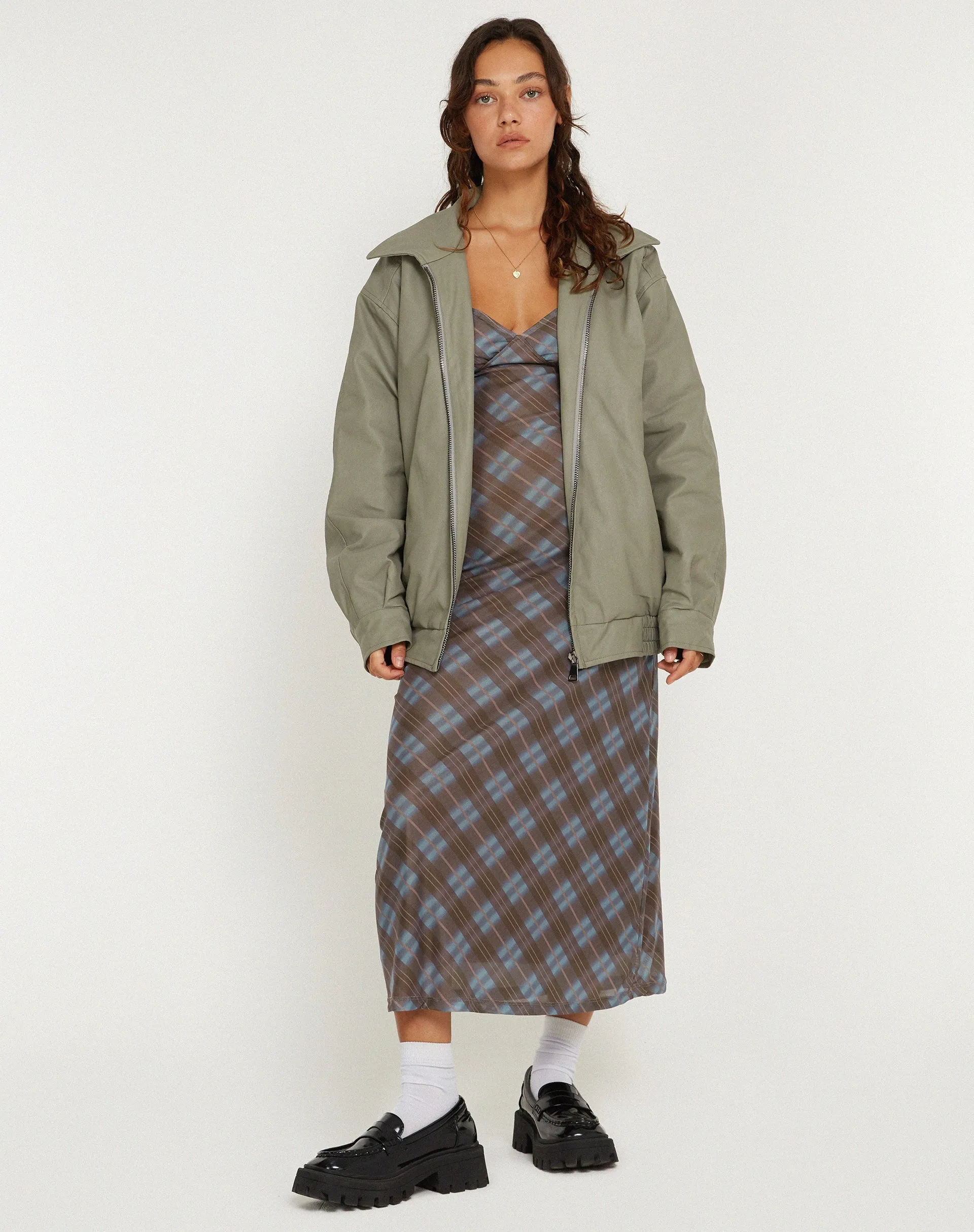 Kalana Midi Dress in Green Blurred Check Dark Olive