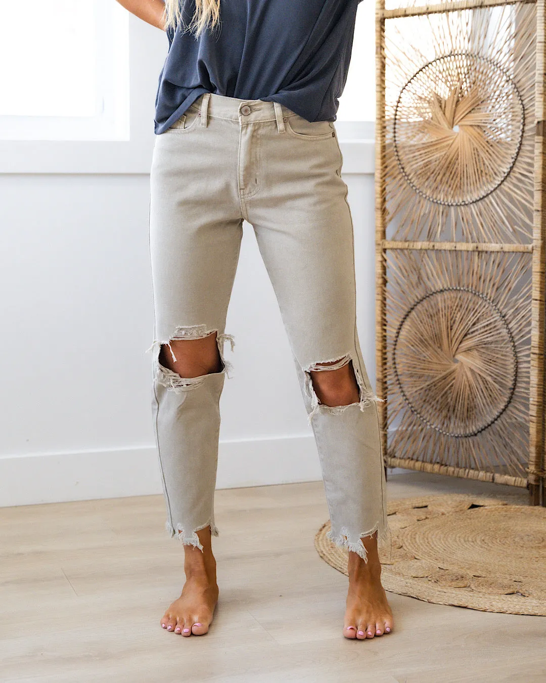 KanCan Amelia Distressed Mom Jeans - Taupe