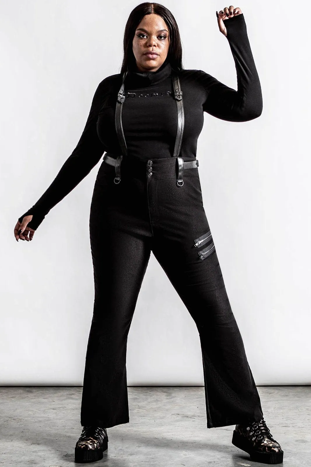 Killstar Prophet Of Doom Flared Suspender Trousers in Black