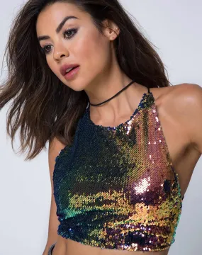 Kingsley Crop Top in Fishcale Sequin Pink Oil