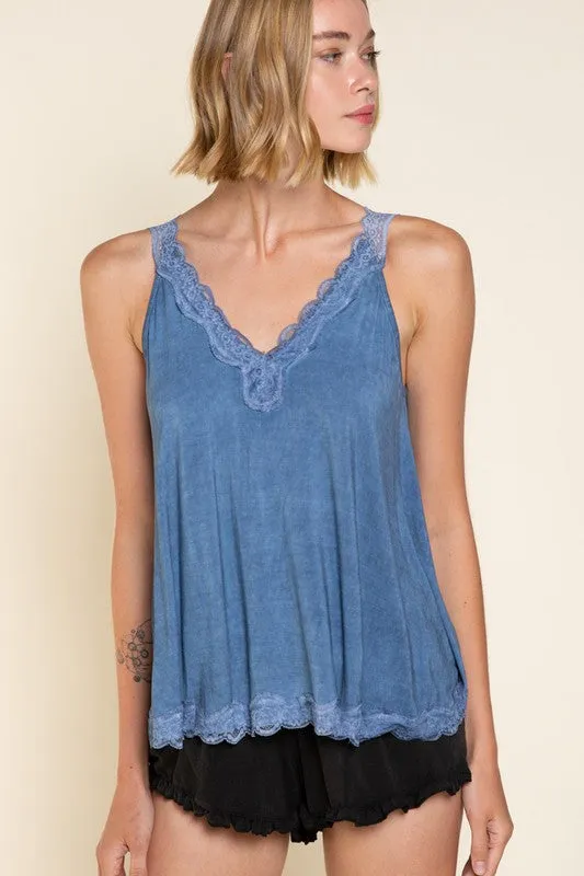 Lace Trim Halter Top with Back Strap