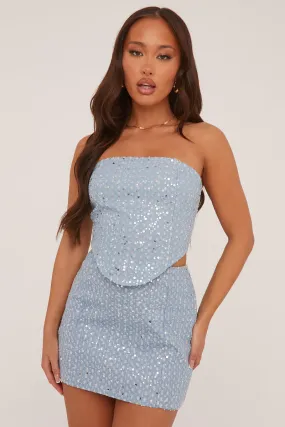 Light Blue Sequin Detail Cropped Top & Mini Skirt Co-ord Set - Innes