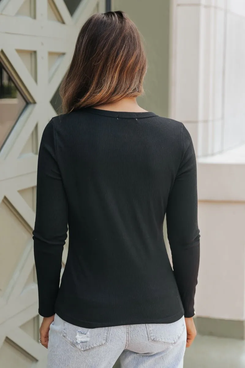 Long Sleeve Crew Neck Ribbed Top - Black