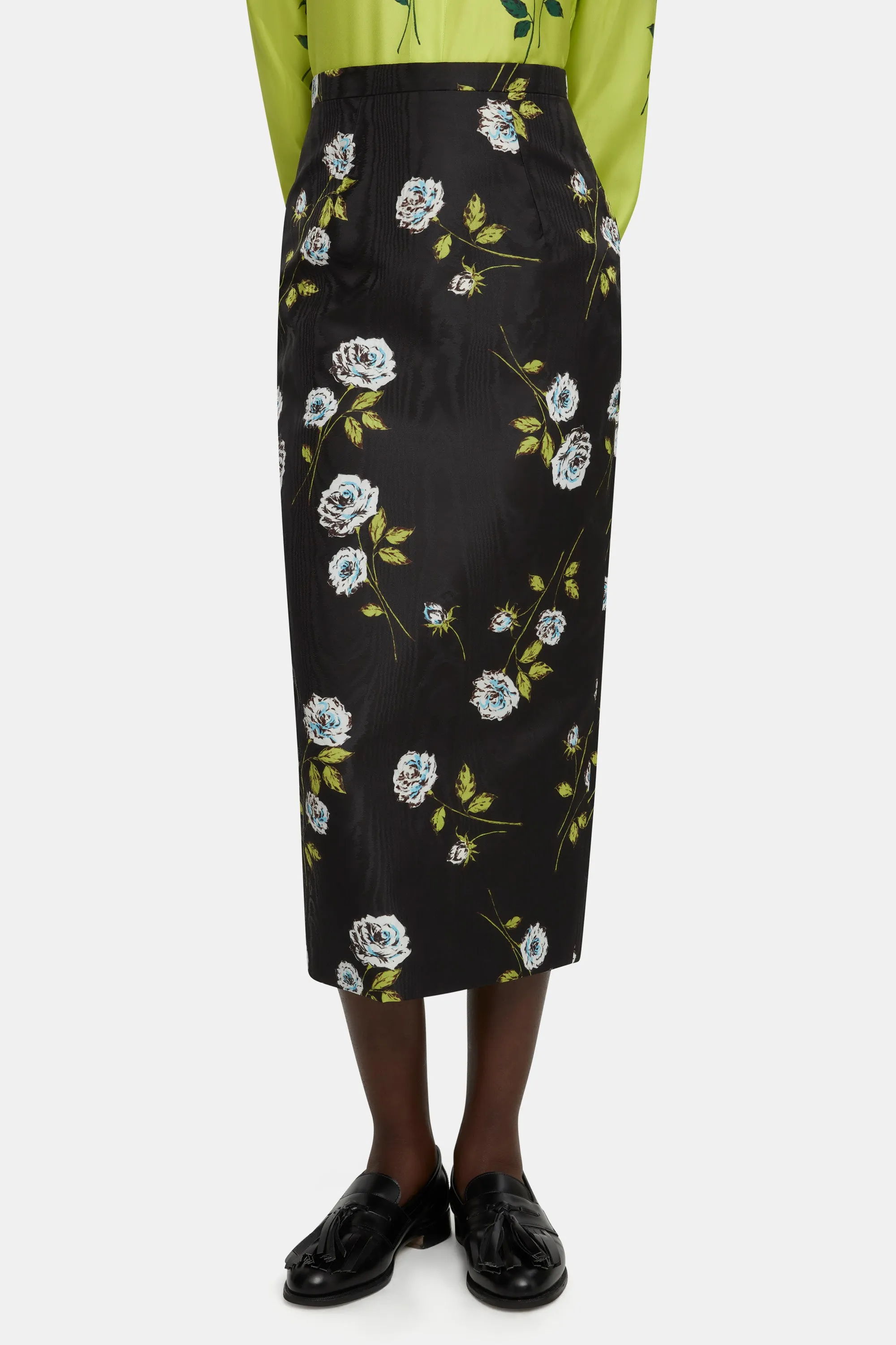 Lorelei Skirt in Rose Stem Printed Moire on Black