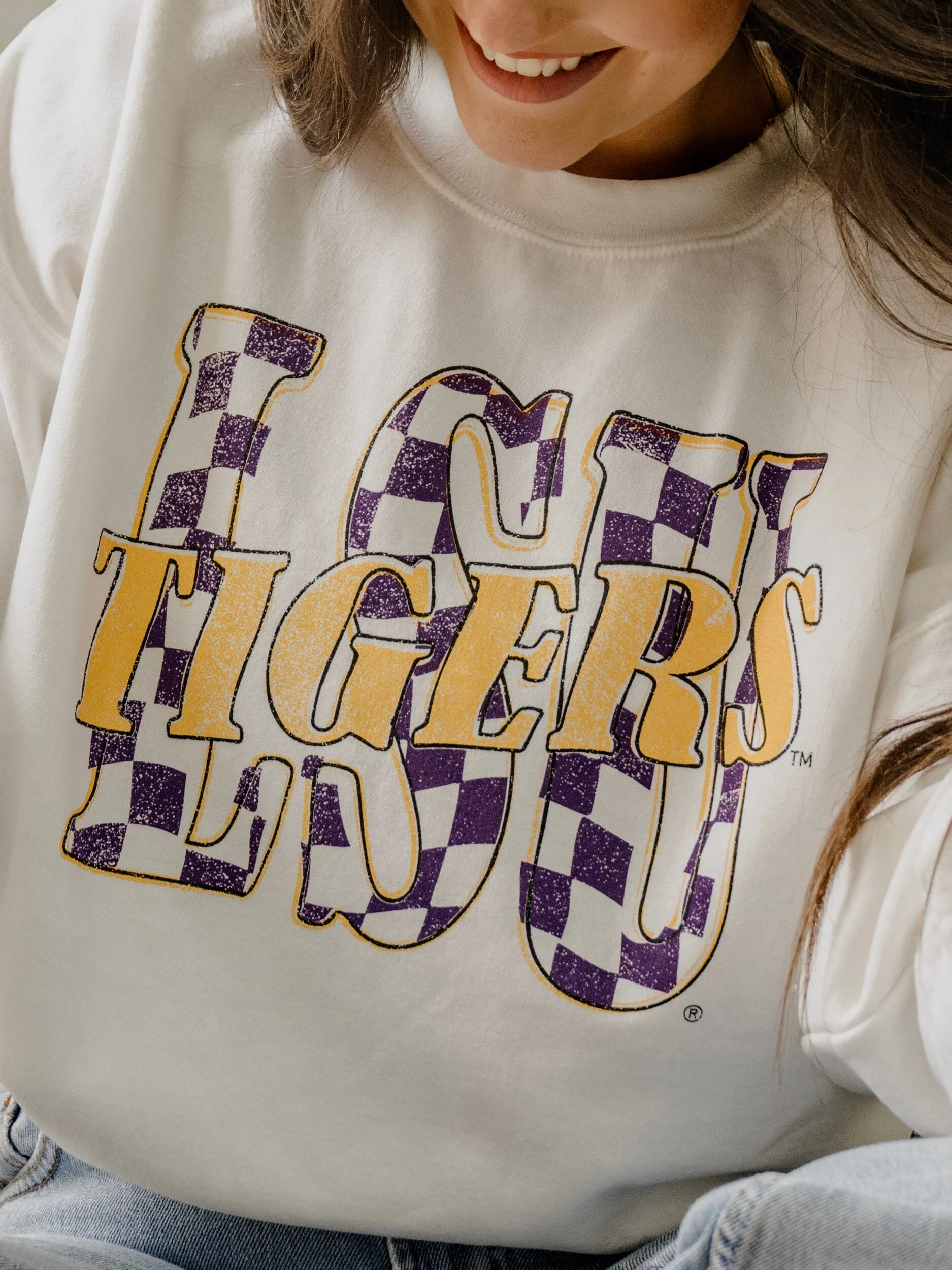 LSU Tigers Twisted Check White Thrifted Sweatshirt