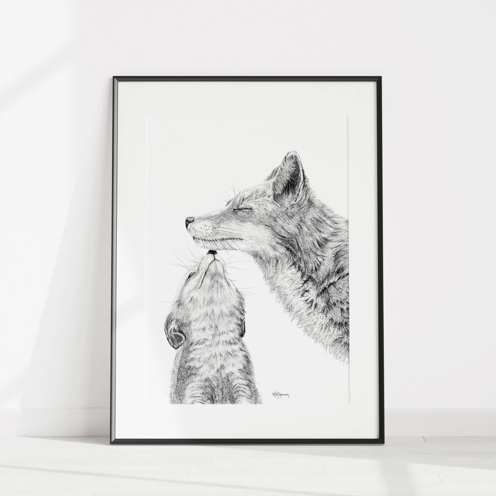 Mama Fox with baby - Black and White