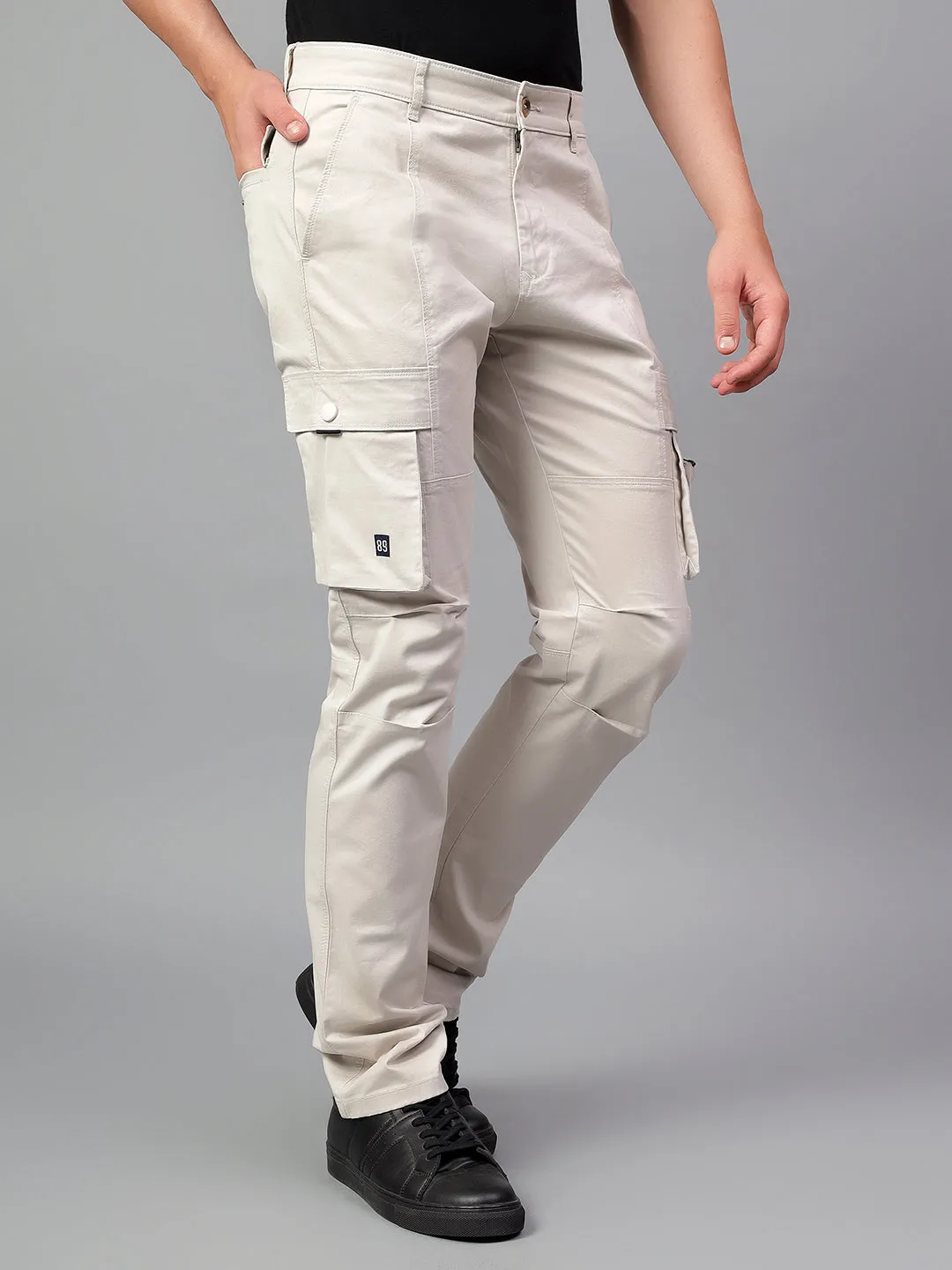 Men's Beige Solid Full Length Casual Cargo