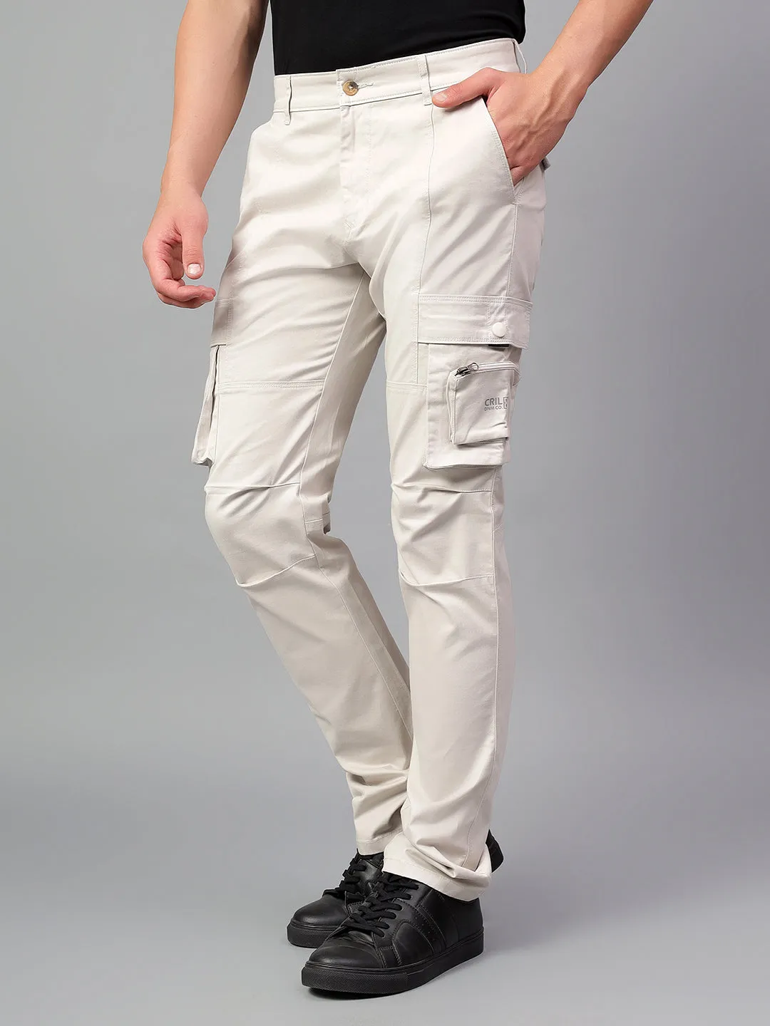 Men's Beige Solid Full Length Casual Cargo