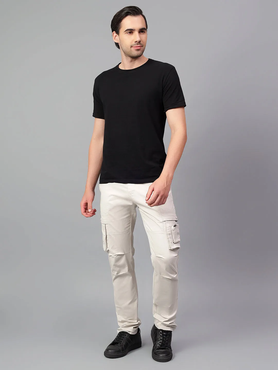 Men's Beige Solid Full Length Casual Cargo