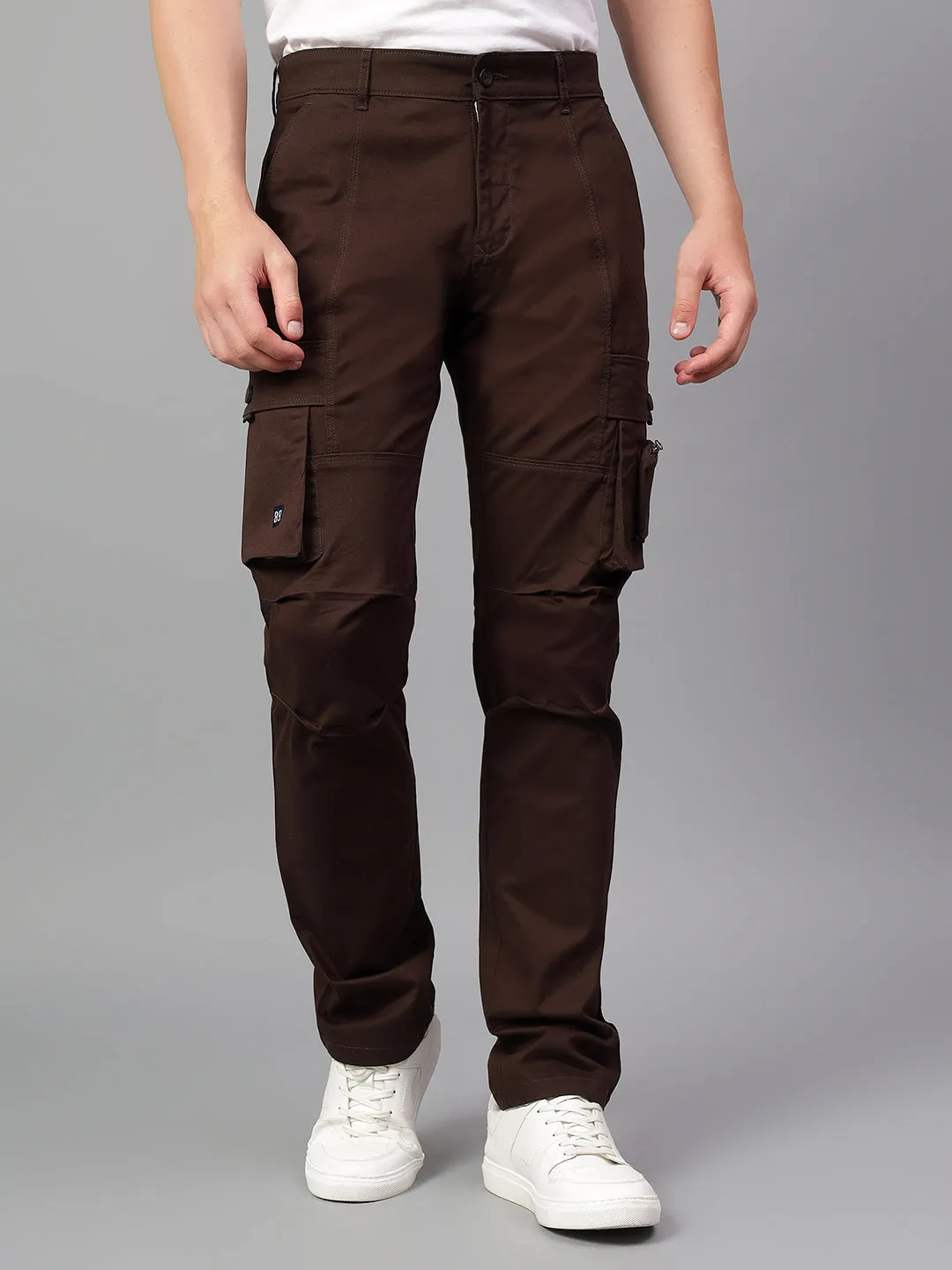 Men's Dark Brown Solid Full Length Cargo