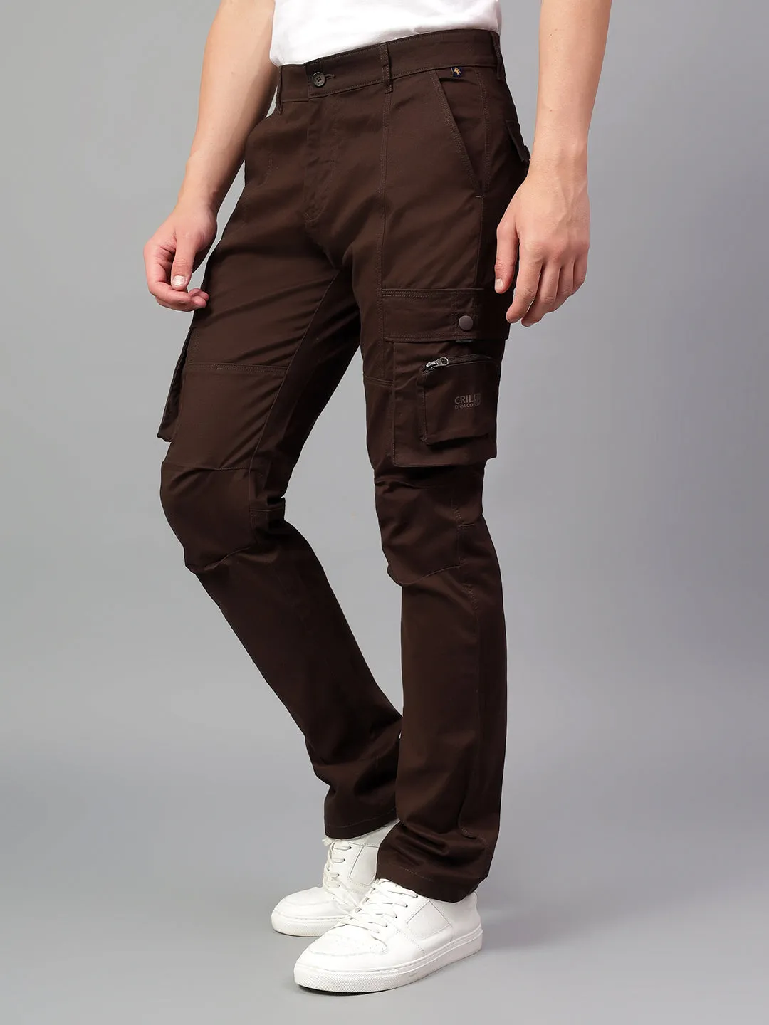 Men's Dark Brown Solid Full Length Cargo