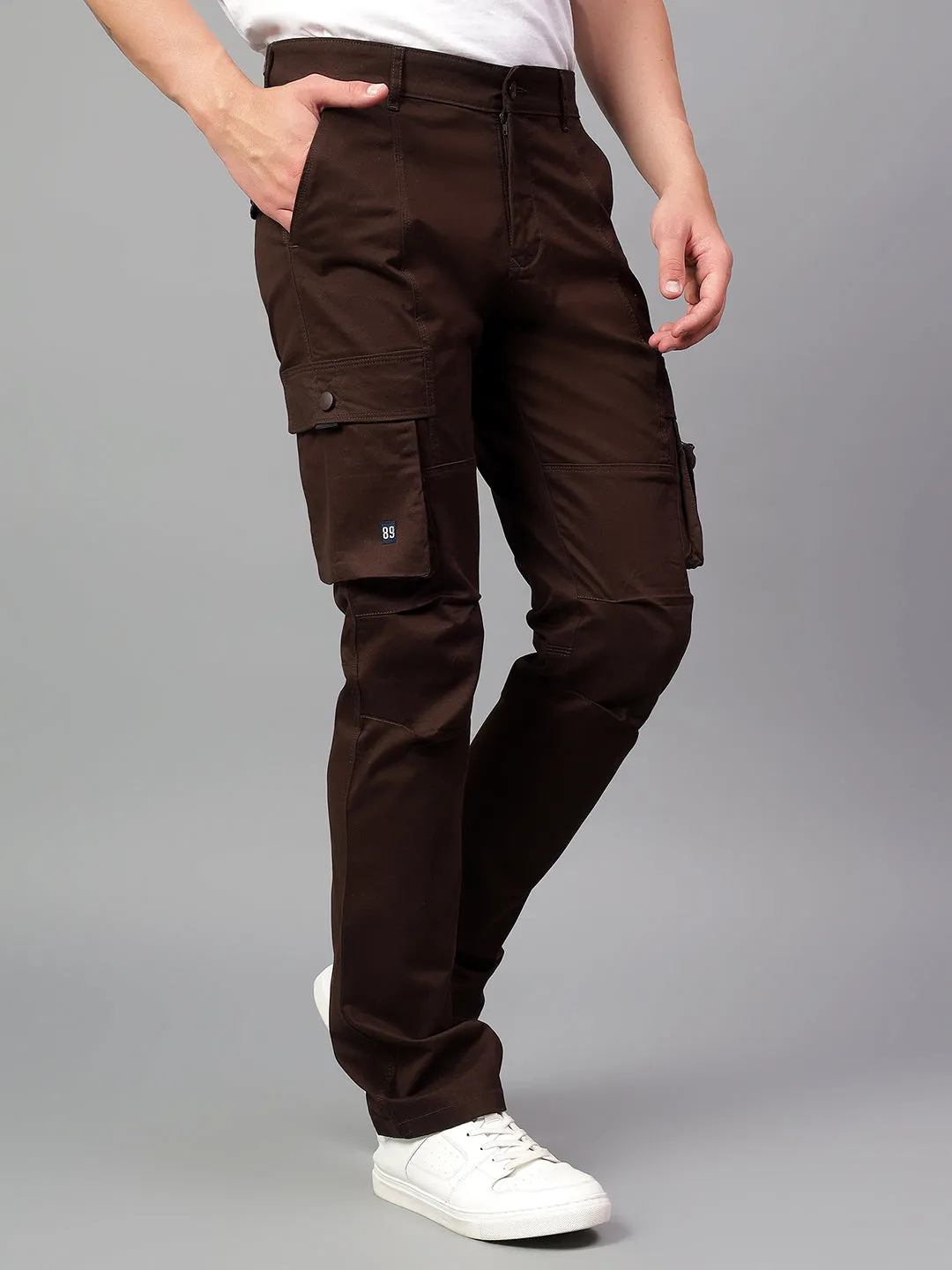 Men's Dark Brown Solid Full Length Cargo