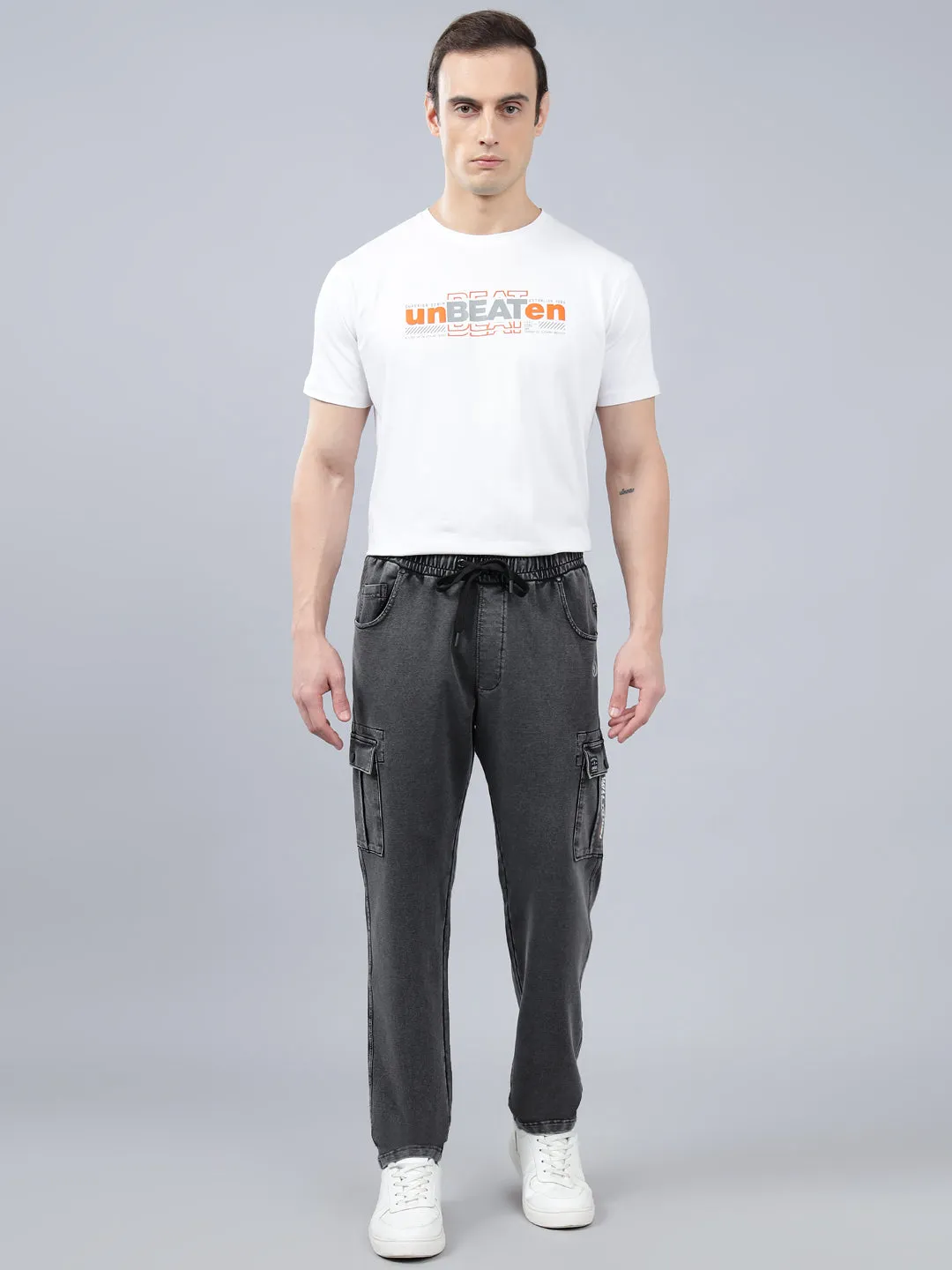 Men's Grey Solid Full Length Winter Cargo Pant