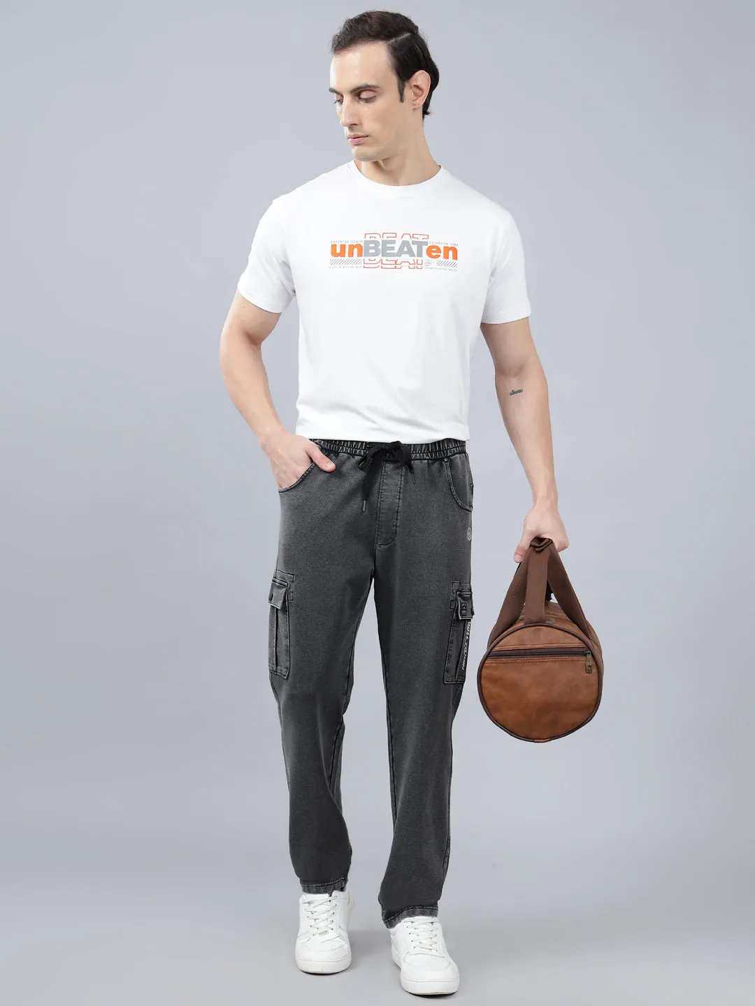 Men's Grey Solid Full Length Winter Cargo Pant