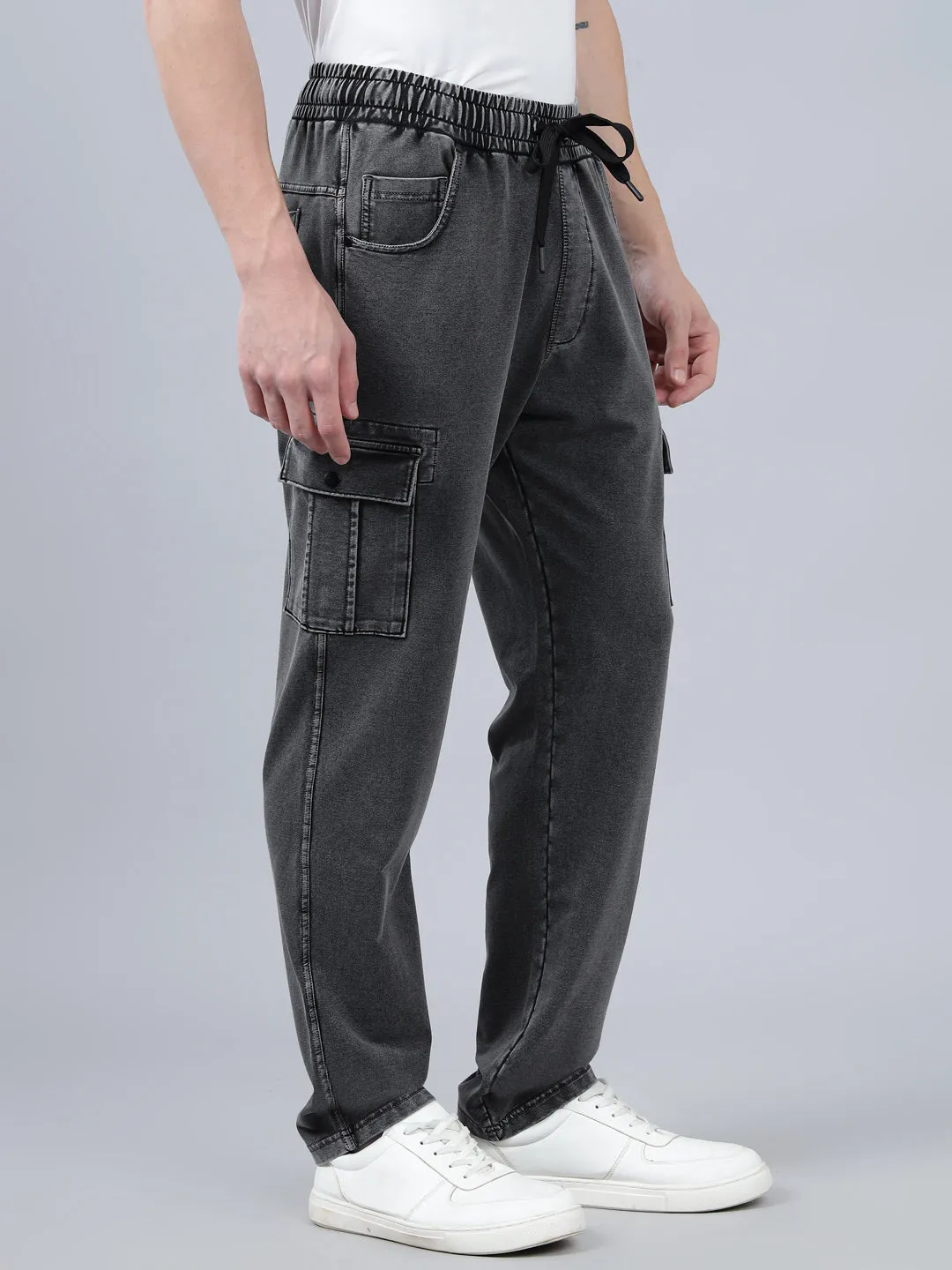 Men's Grey Solid Full Length Winter Cargo Pant