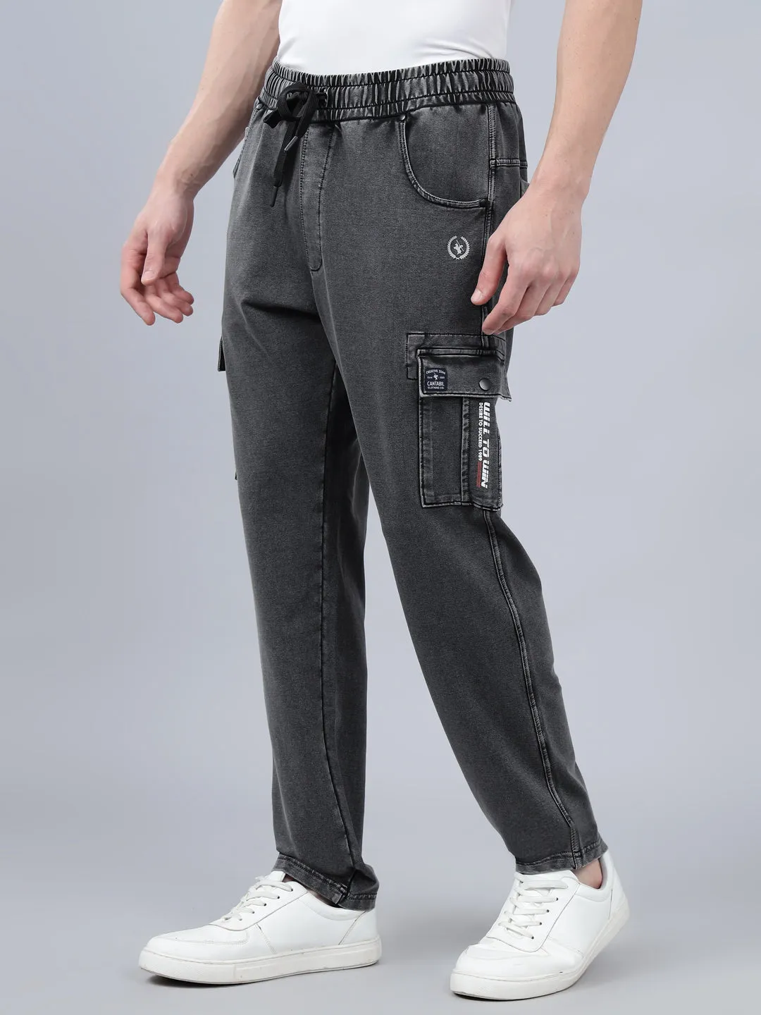 Men's Grey Solid Full Length Winter Cargo Pant