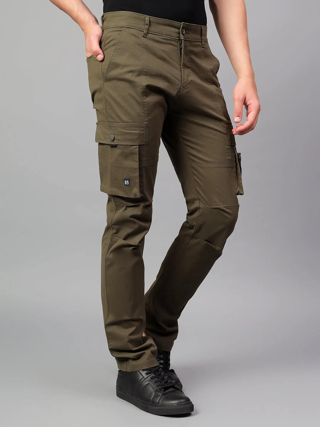 Men's Olive Green Solid Full Length Cargo