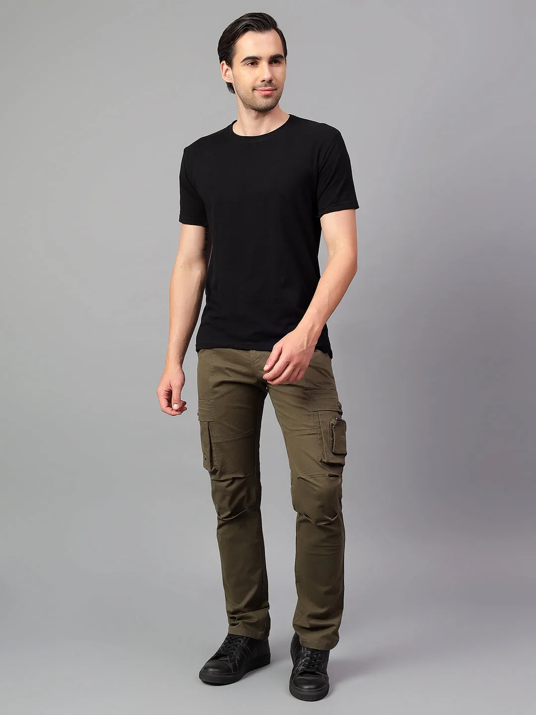 Men's Olive Green Solid Full Length Cargo