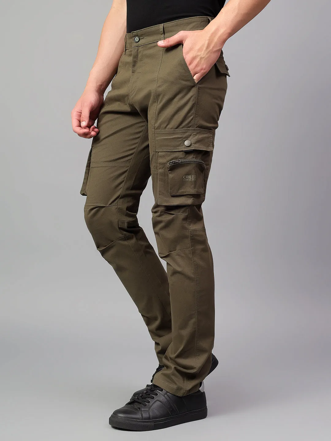 Men's Olive Green Solid Full Length Cargo